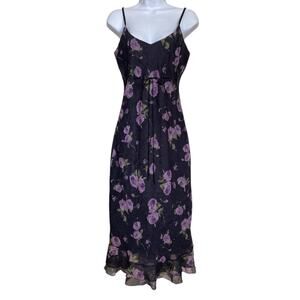 Vintage 90s Y2k Bebe Black Floral Goth Betsey Boho Midi Dress Size S